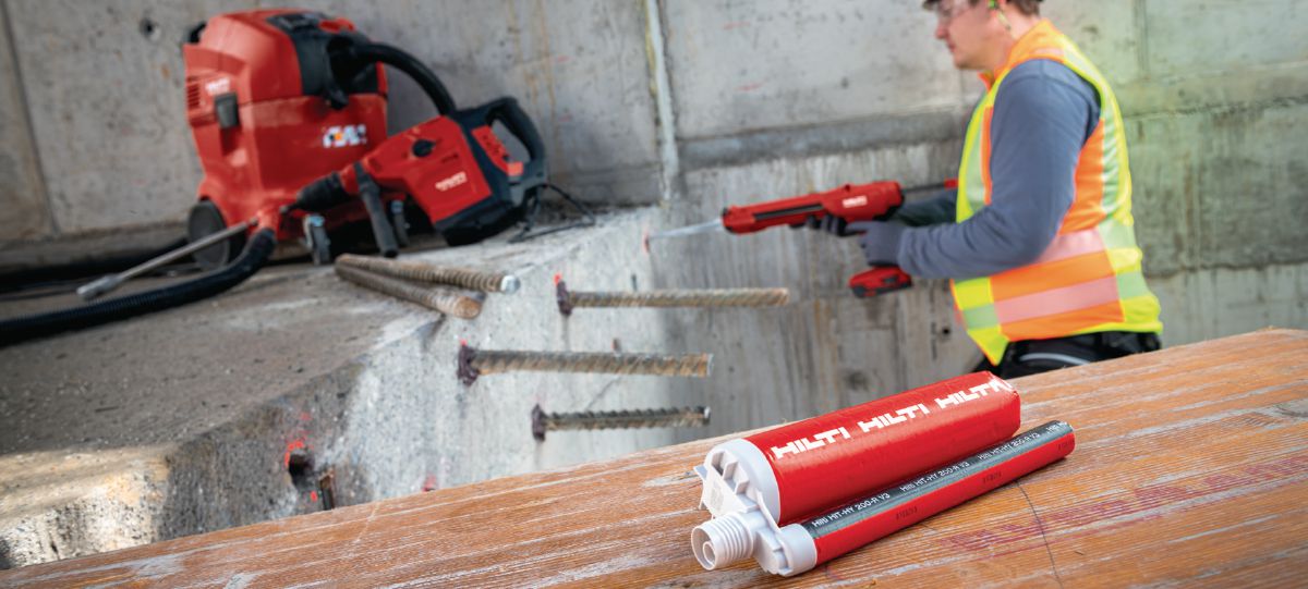 Rebar installation with HIT-HY 200-R V3 chemical mortar and HDE battery dispenser
